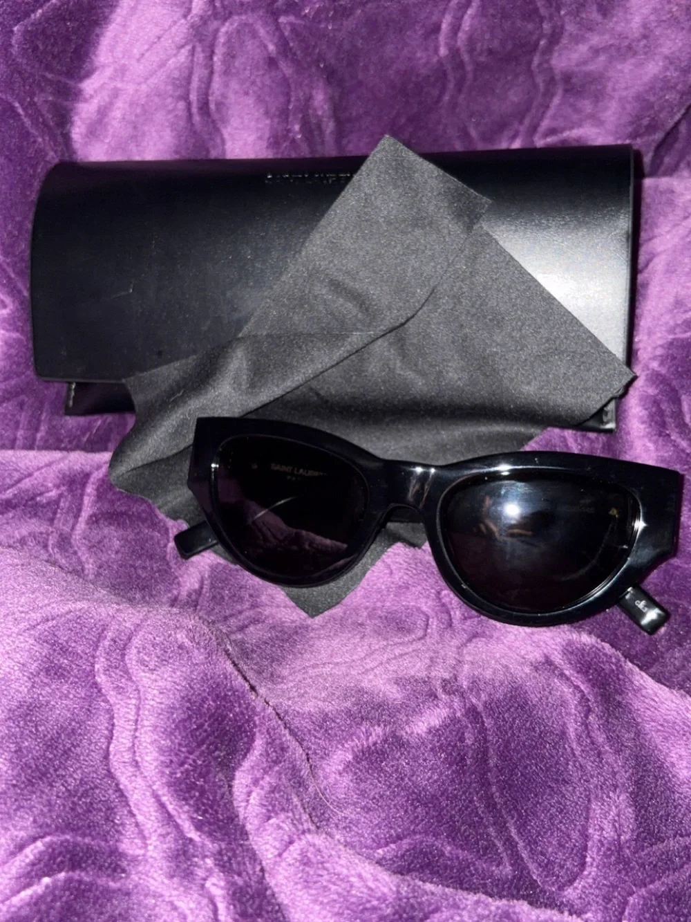 Saint Laurent Black Oval Sunglasses with YSL Logo Temples